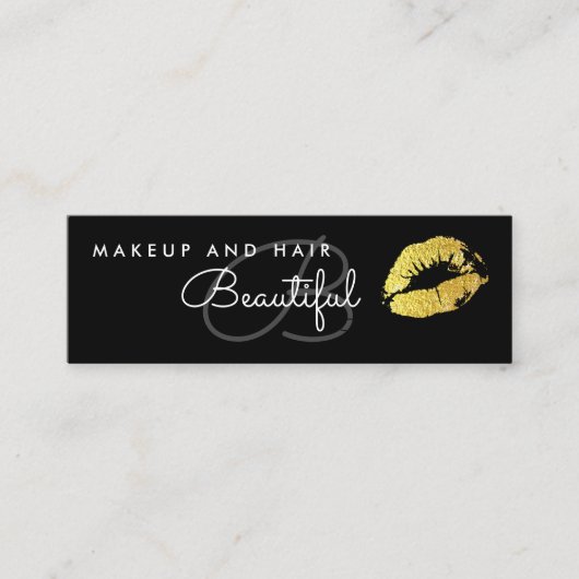 Makeup Beauty Salon Monogram Gold Lips Black Mini Visitekaartje (Voorkant)