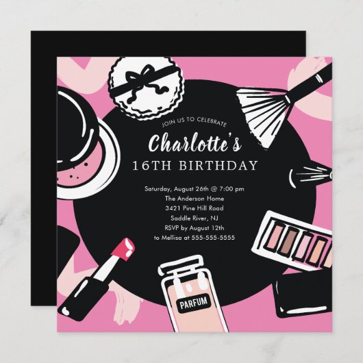 Makeup Birthday Party Invitation Kaart (Voorkant / Achterkant)