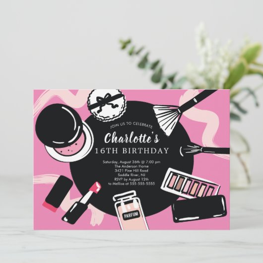 Makeup Birthday Party Invitation Kaart (Staand voorkant)