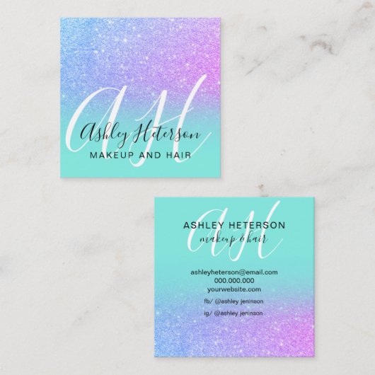 Makeup blauwgroen zeemeermin paarse glitter script vierkante visitekaartje (Voorkant / Achterkant)