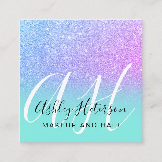 Makeup blauwgroen zeemeermin paarse glitter script vierkante visitekaartje (Voorkant)
