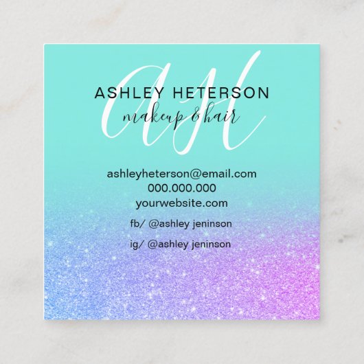 Makeup blauwgroen zeemeermin paarse glitter script vierkante visitekaartje (Achterkant)