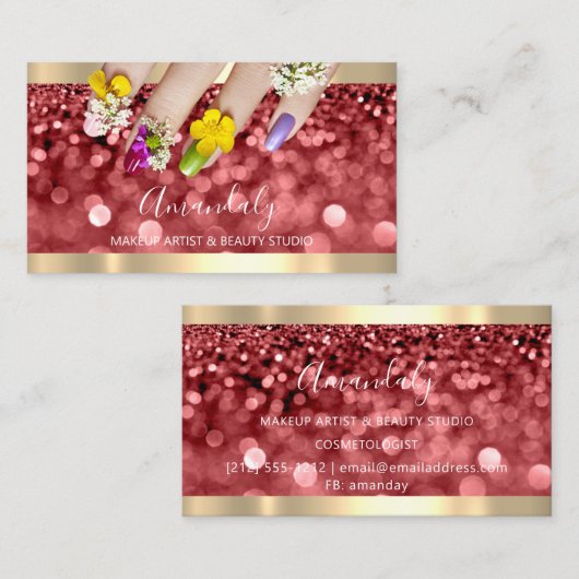 Makeup Blue Glitter Burgundy Glam Nails Floral Visitekaartje (Voorkant / Achterkant)