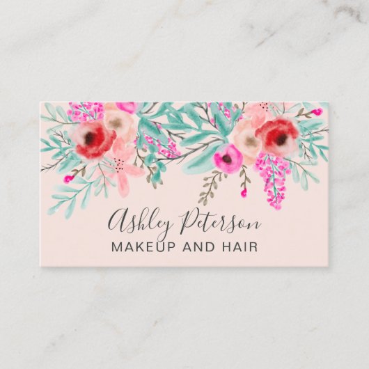 Makeup blush chic mint roze florale waterverf visitekaartje (Voorkant)