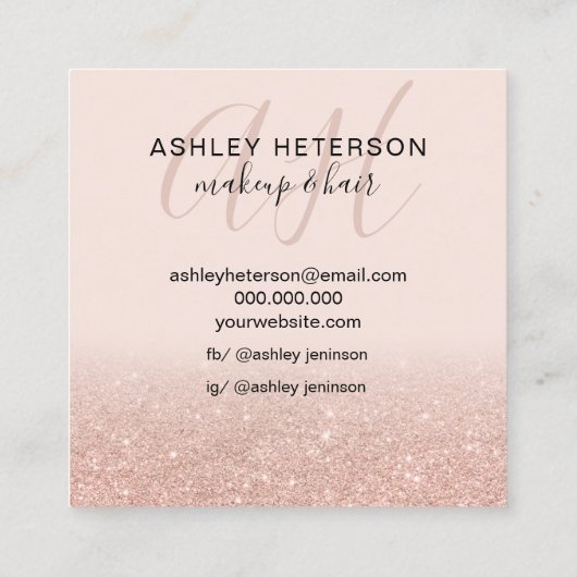 Makeup blush roos gold glitter script monogram vierkante visitekaartje (Achterkant)