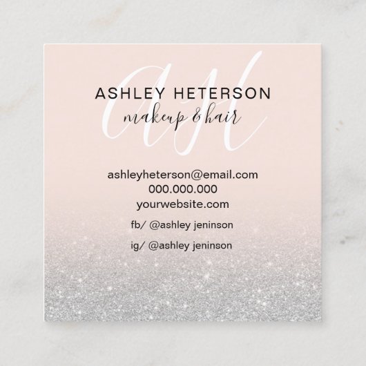 Makeup blush Silver Glitter logo monogram Vierkante Visitekaartje (Achterkant)