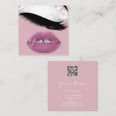 Makeup Boutique White Pink Lips Lash QR Code Roos Vierkante Visitekaartje (Voorkant / Achterkant)