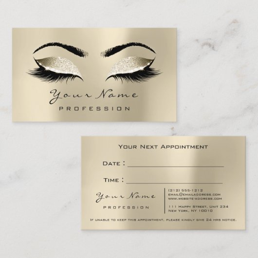 Makeup Champaigne Lashes Marble Appointment Card Afsprakenkaartje (Voorkant / Achterkant)