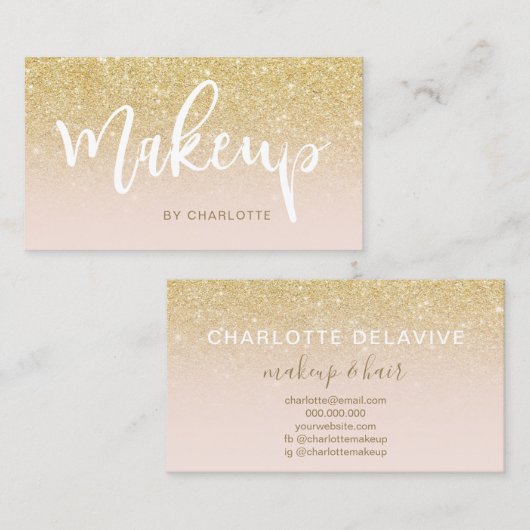 Makeup chic gold glitter blush ombre roze script visitekaartje (Voorkant / Achterkant)