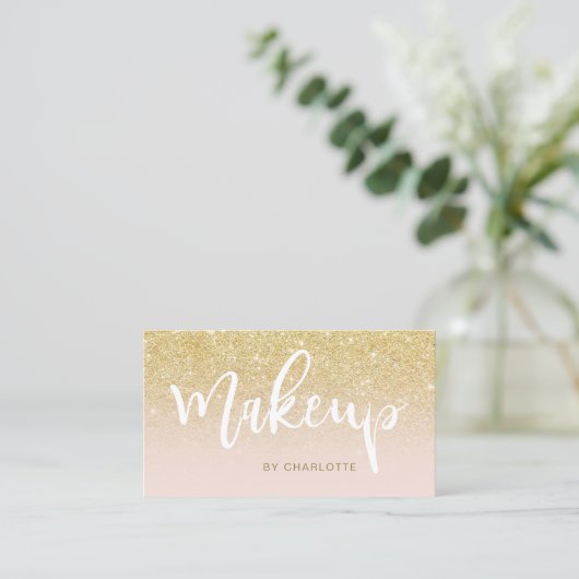 Makeup chic gold glitter blush ombre roze script visitekaartje (Staand voorkant)