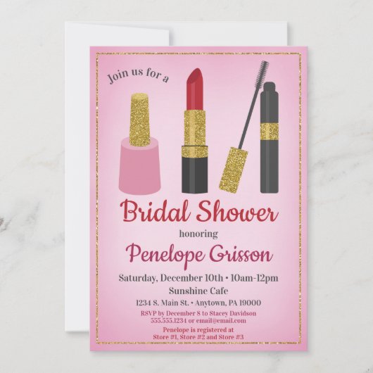 Makeup Cosmetics Bridal Shower Invitation Beauty Kaart (Voorkant)