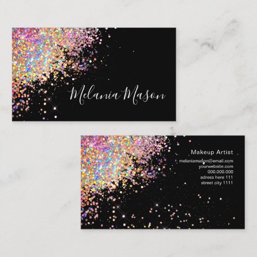 Makeup Elegant Holographic Roos Gold Glitter Black Visitekaartje (Voorkant / Achterkant)