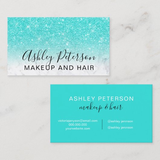 Makeup elegant typografie marmer turquoise glitter visitekaartje (Voorkant / Achterkant)