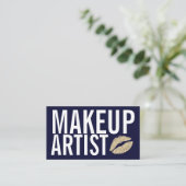 Makeup Elegant Typography Navy Blue Glitter Lips Visitekaartje (Staand voorkant)
