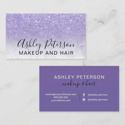 Makeup elegante typografie marmer paarse glitter visitekaartje (Voorkant / Achterkant)
