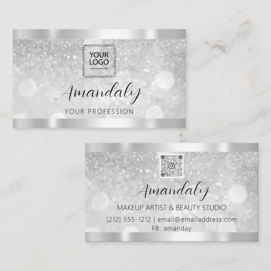 Makeup Esthetician Lash Nails QRCode Logo Silver B Visitekaartje (Voorkant / Achterkant)
