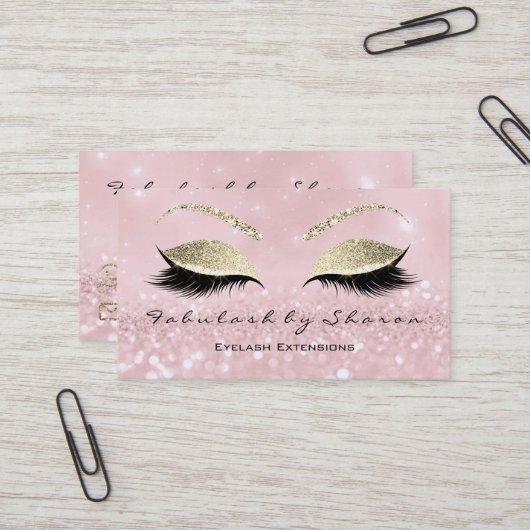 Makeup Eyebrow Lashes Extension Glitter Gold Pink Visitekaartje (Voorkant / Achterkant in situ)