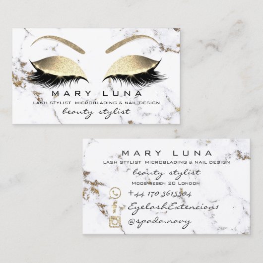Makeup Eyebrows Lash Gold Marble White Glitter Visitekaartje (Voorkant / Achterkant)