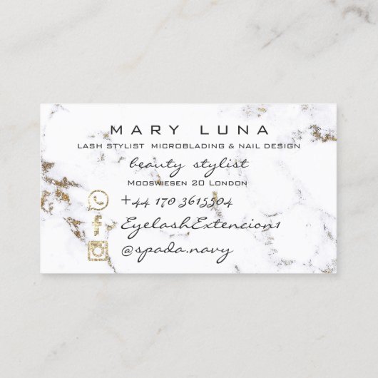 Makeup Eyebrows Lash Gold Marble White Glitter Visitekaartje (Achterkant)