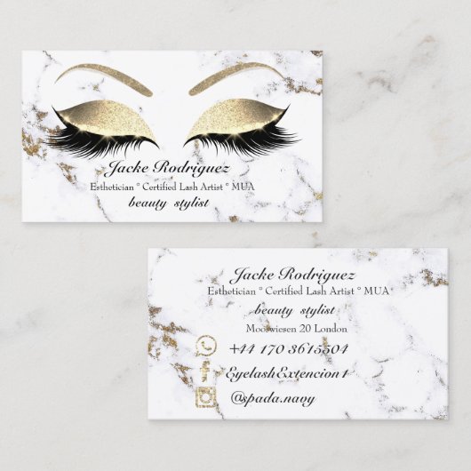 Makeup Eyebrows Lash Gold Marble White Social Visitekaartje (Voorkant / Achterkant)