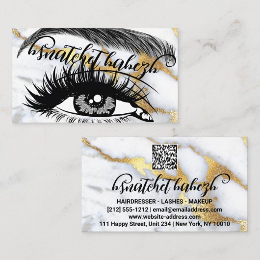 Makeup Eyelash Brows QRCode Logo White Gold Marble Visitekaartje (Voorkant / Achterkant)