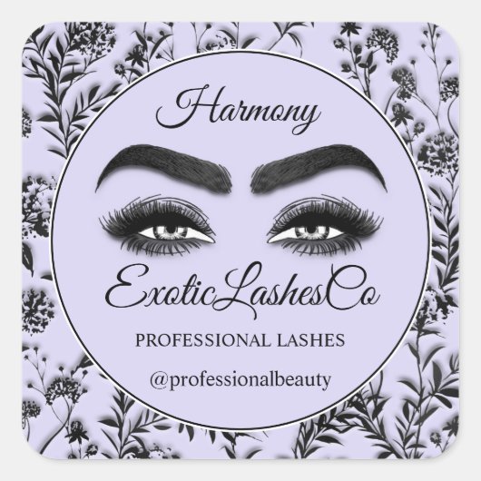 Makeup Eyelash Cleaner Floral Black Paars Violet Vierkante Sticker (Voorkant)