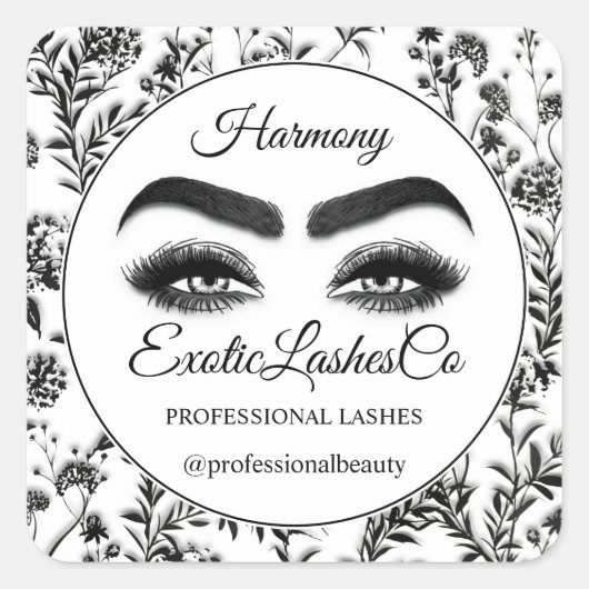 Makeup Eyelash Packaging Cleaner Floral Black Whit Vierkante Sticker (Voorkant)