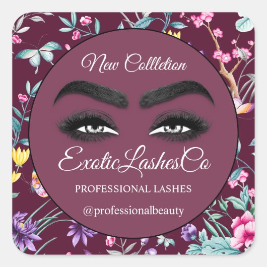 Makeup Eyelash Packaging Cleaner Floral Burgundy Vierkante Sticker (Voorkant)