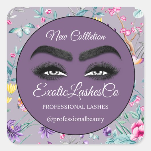 Makeup Eyelash Packaging Cleaner Floral Paars Vierkante Sticker (Voorkant)