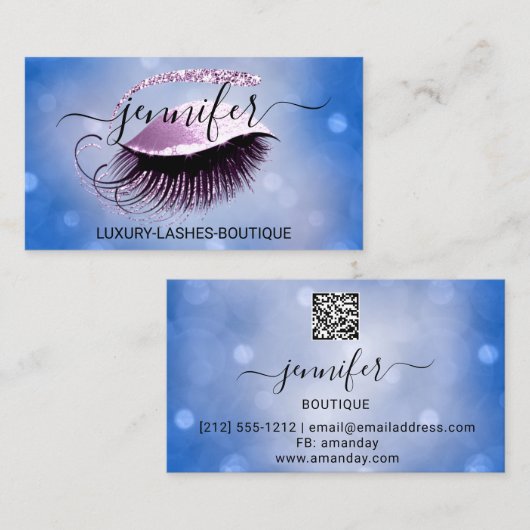 Makeup Eyelash QR Code Logo Glitter Blue Roze Visitekaartje (Voorkant / Achterkant)