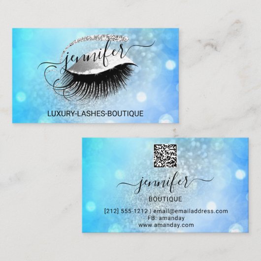 Makeup Eyelash QR Code Logo Glitter Blue Silver Visitekaartje (Voorkant / Achterkant)