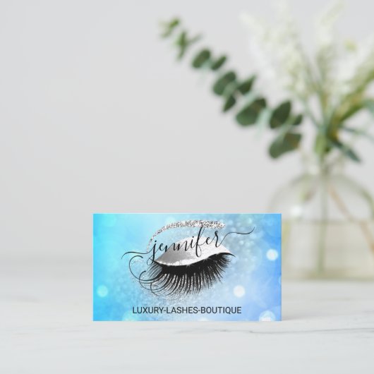Makeup Eyelash QR Code Logo Glitter Blue Silver Visitekaartje (Staand voorkant)