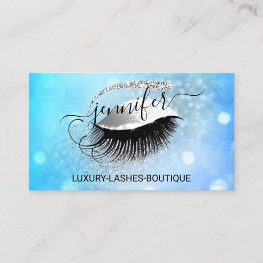 Makeup Eyelash QR Code Logo Glitter Blue Silver Visitekaartje (Voorkant)