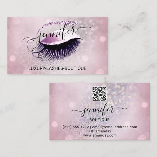 Makeup Eyelash QR Code Logo Glitter Pink Rose Gray Visitekaartje (Voorkant / Achterkant)