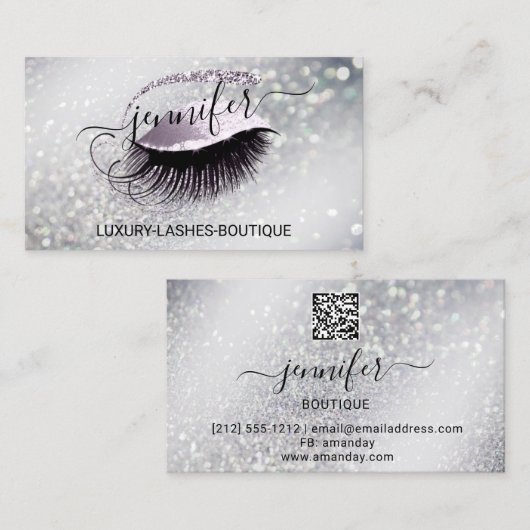 Makeup Eyelash QR Code Logo Glitter Smoky Silver Visitekaartje (Voorkant / Achterkant)