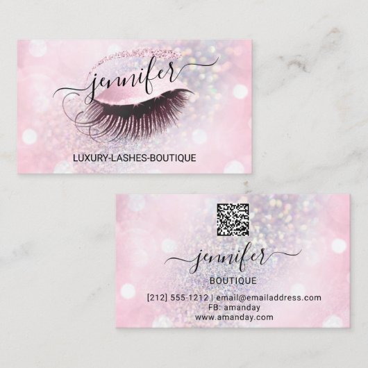 Makeup Eyelash QR Code Roze Glitter Eye Diamond Visitekaartje (Voorkant / Achterkant)
