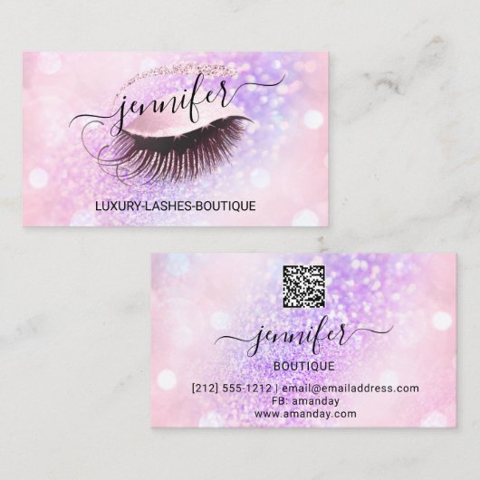 Makeup Eyelash QR Code Roze Glitter Oogoog Paars Visitekaartje (Voorkant / Achterkant)