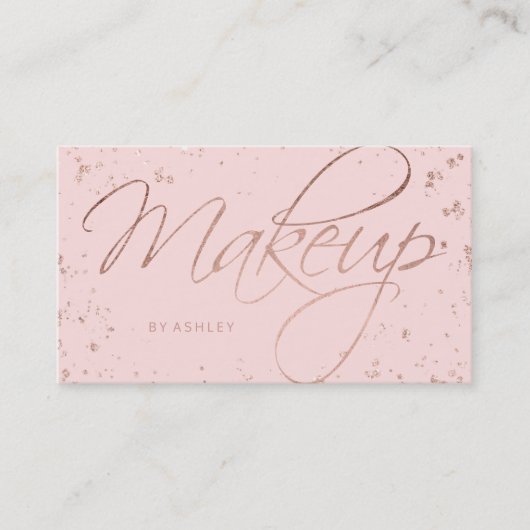 Makeup faux roos gold confetti script on roze visitekaartje (Voorkant)