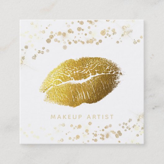 *~* Makeup Gold Glitter Lips Gold Confetti White Vierkante Visitekaartje (Voorkant)