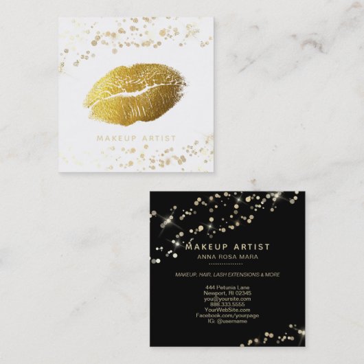 *~* Makeup Gold Glitter Lips Gold Confetti White Vierkante Visitekaartje (Voorkant / Achterkant)