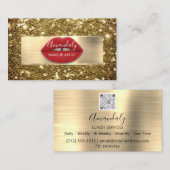 Makeup Gold Glitter QR Code Logo Red Lips Business Visitekaartje (Voorkant / Achterkant)
