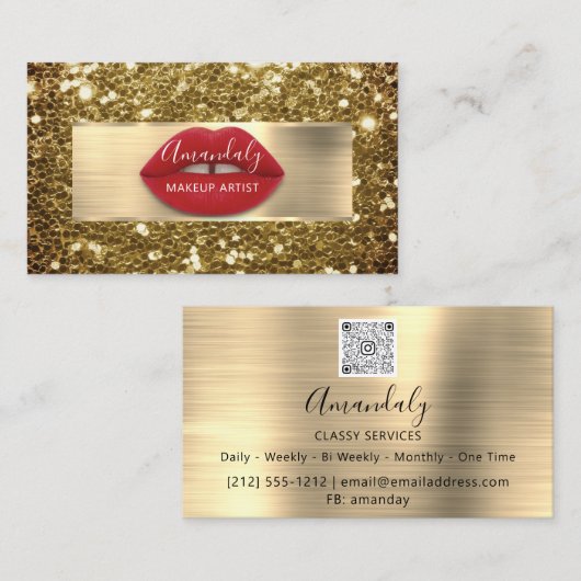 Makeup Gold Glitter QR Code Logo Red Lips Business Visitekaartje (Voorkant / Achterkant)