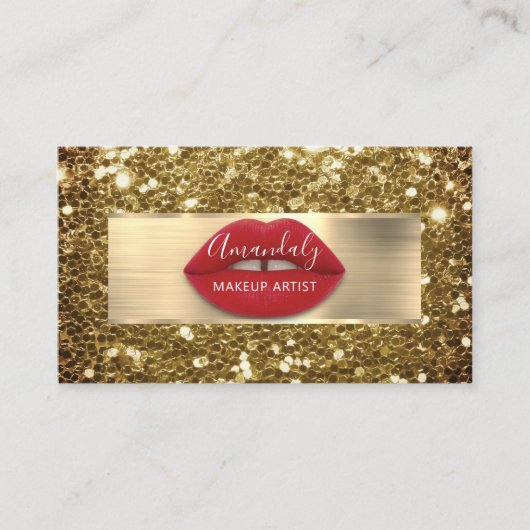 Makeup Gold Glitter QR Code Logo Red Lips Business Visitekaartje (Voorkant)
