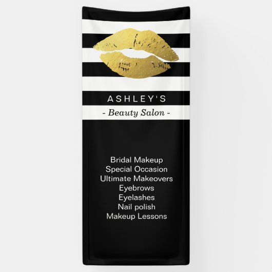 Makeup Gold Lips Beauty Salon Black White Striped Spandoek (Verticaal)