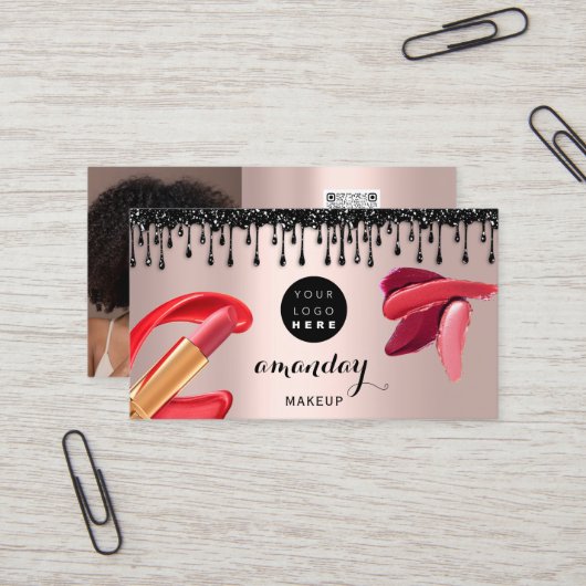 Makeup Hair Red Lipstick Silver Photo QRCode Gloss Visitekaartje (Voorkant / Achterkant in situ)