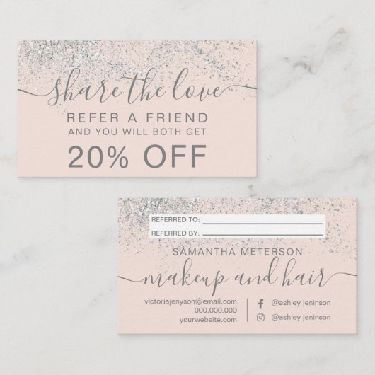 Makeup hair Silver Glitter blush deelt de liefde Aanbevelingskaartje (Voorkant / Achterkant)