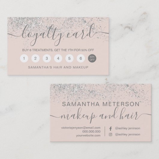 Makeup hair Silver Glitter pastel roze Klantenkaartje (Voorkant / Achterkant)