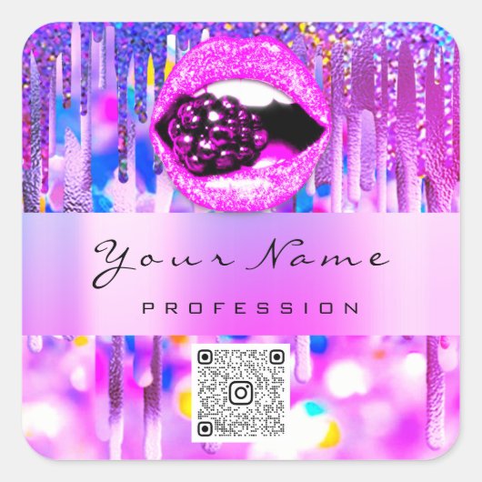 Makeup Kiss Lip Holograaf Drip Berry QRCODE LOGO Vierkante Sticker (Voorkant)