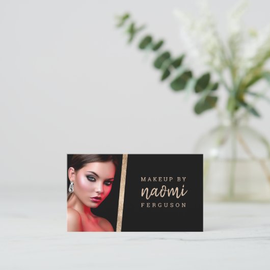 Makeup kunstenaar foto roos gouden folie modern zw visitekaartje (Staand voorkant)