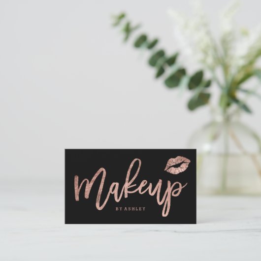 Makeup kunstenaar lippen roos gouden typografie zw visitekaartje (Staand voorkant)